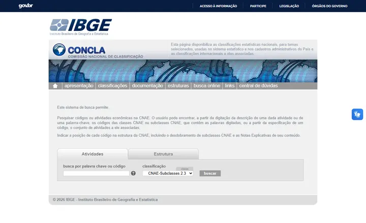 Página de busca da CNAE no site do IBGE/CONCLA