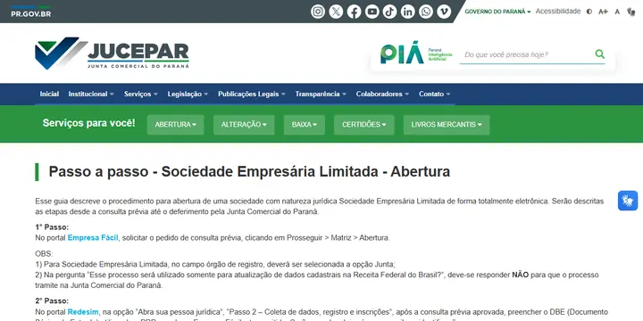 Página da Junta Comercial do Paraná com o passo a passo de abertura de sociedade limitada