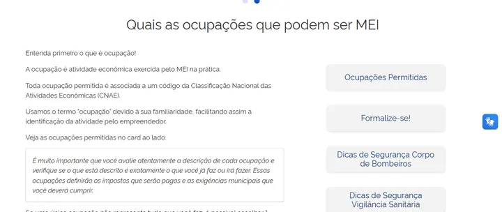 Página do gov.br que explica as ocupações permitidas ao MEI