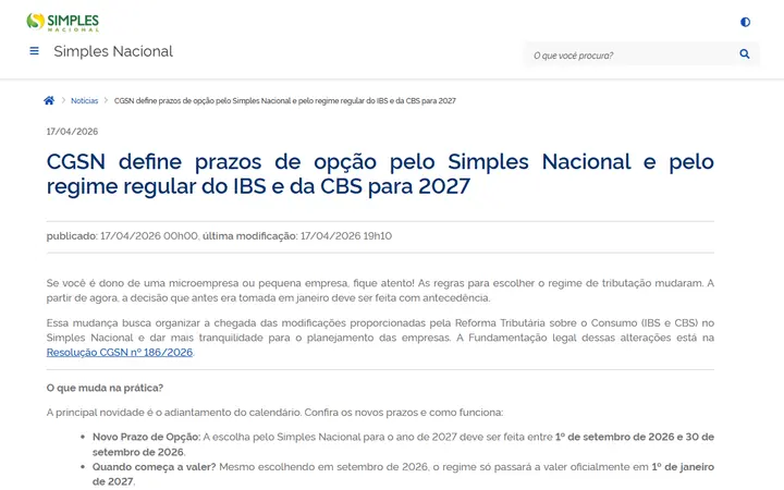 Notícia do Portal do Simples Nacional sobre os prazos de opção pelo regime regular do IBS e da CBS para 2027
